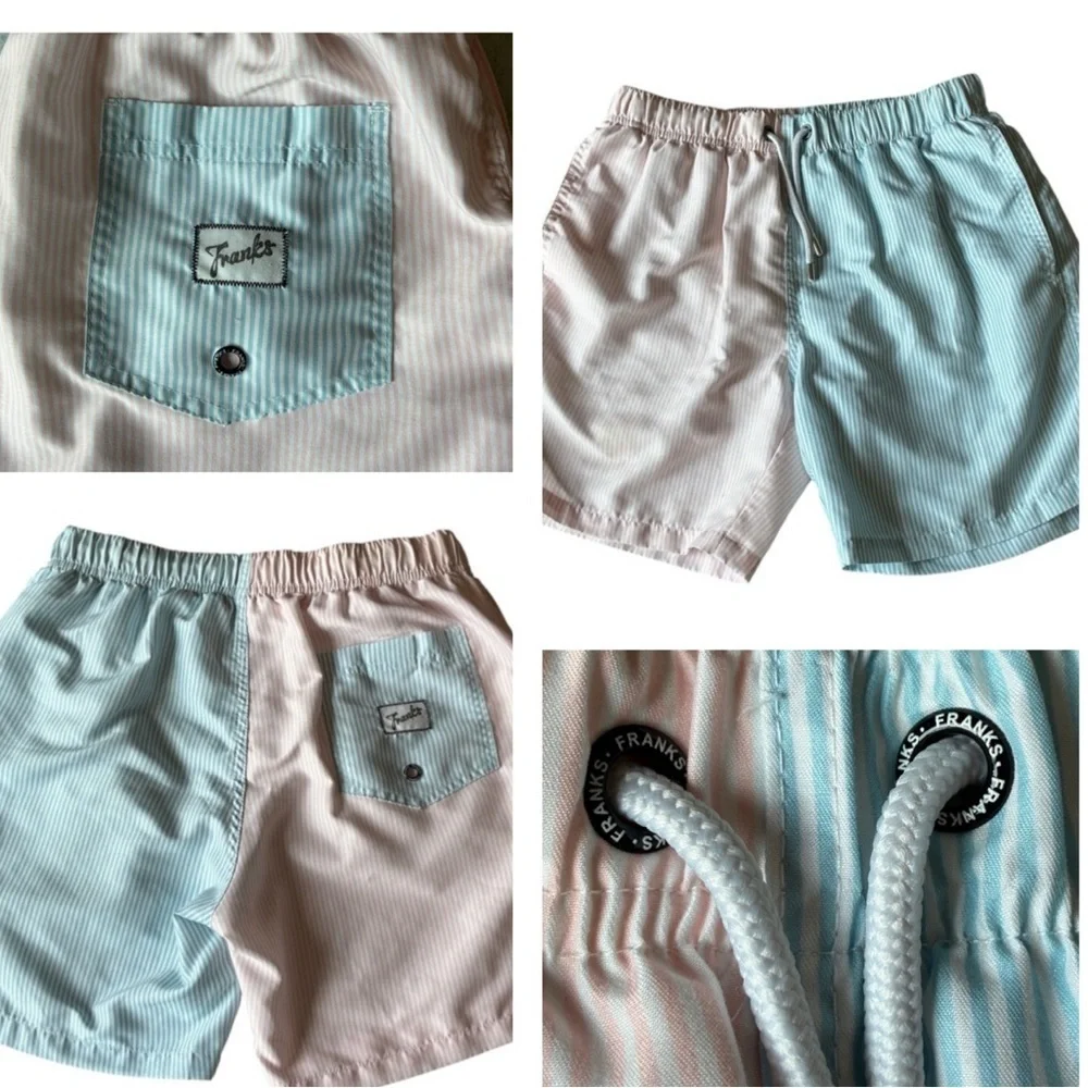 Franks Seersucker Swim Trunks Blue Pink Stripe Men’s Medium